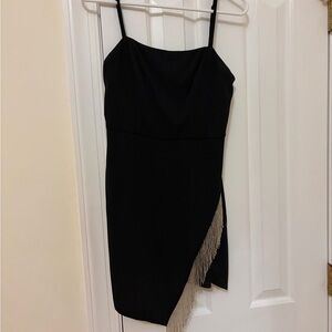 Chic Asymmetrical Black Dress with Fringe